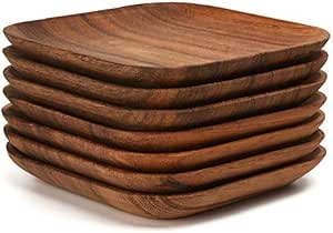 Square wooden snack plates .
