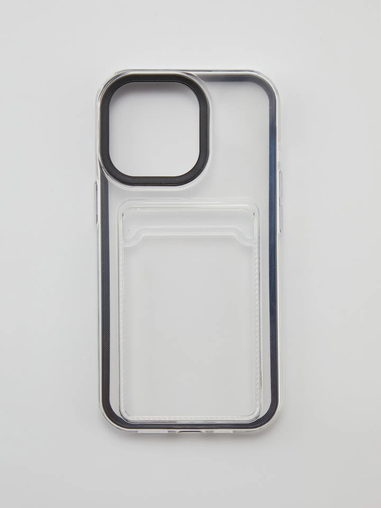 transparent TPU phone case with a built-in card holder for an iPhone.