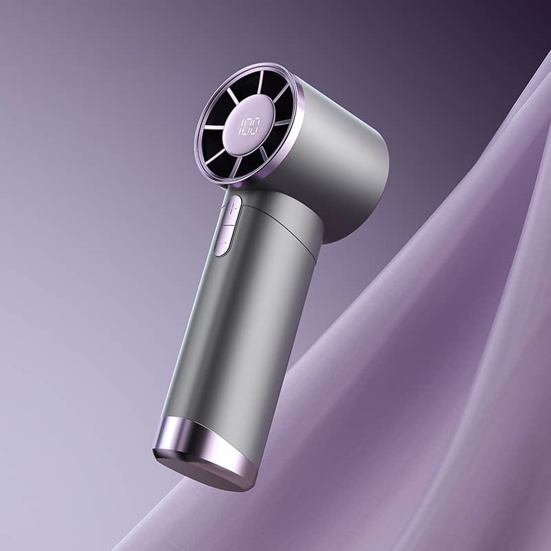 Branded white T-29 mini turbo handheld fan with a digital battery display.