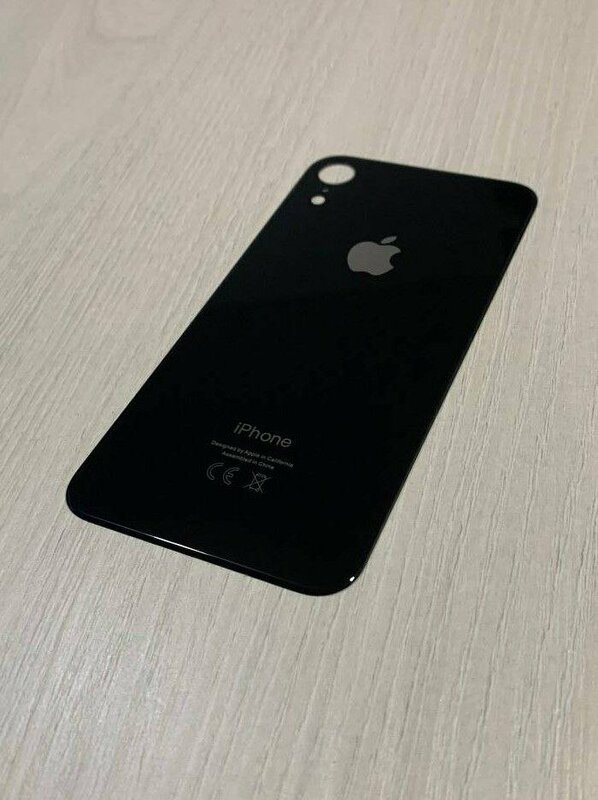 a replacement back glass panel for a black Apple iPhone XR.