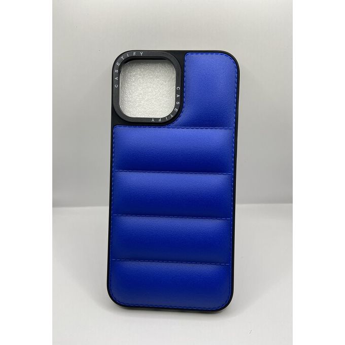 a blue quilted puffer jacket style phone case.