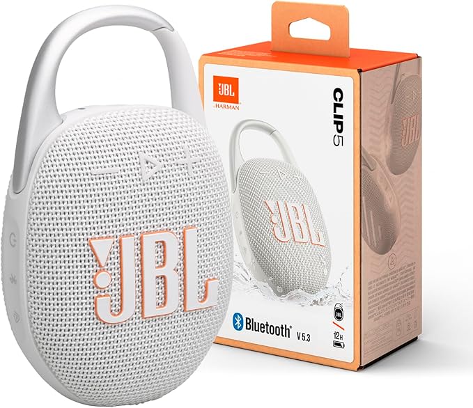 JBL clip 5 portaable bluetooth speaker in white.