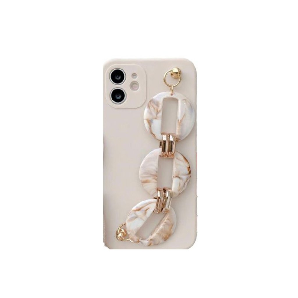 matte silicone case in beige with a built-in tortoiseshell-style chunky hand strap.